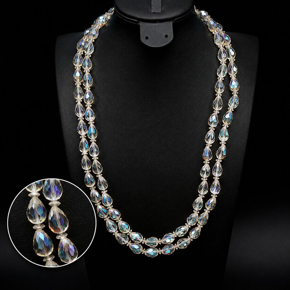 Vintage AB Crystal Double Strand Faceted Necklace 20 in Retro Regencycore Glam